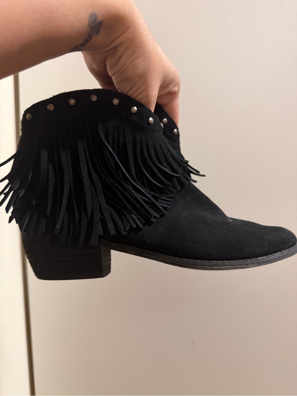 Black Fringe Ankle Bootie with Stud Trim - Women's